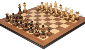 Parker Staunton Chess Set Burnt Boxwood Pieces with Walnut Molded Chess Board - 3.75 King