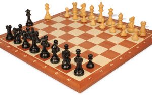 Parker Staunton Chess Set Ebonized & Boxwood Pieces with Sunrise Mahogany Notated Board- 3.75 King