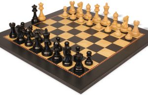 Parker Staunton Chess Set Ebonized & Boxwood Pieces with The Queen's Gambit Chess Board- 3.75 King