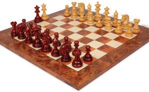 Patton Staunton Chess Set Padauk & Boxwood Pieces with Elm Burl Board - 4.25 King