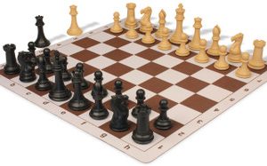 Professional Plastic Chess Set Black & Camel Pieces with Lightweight Floppy Board - Brown