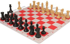 Professional Plastic Chess Set Black & Camel with Lightweight Floppy Board - Red