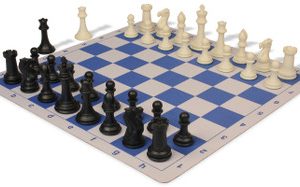 Professional Plastic Chess Set Black & Ivory Pieces with Lightweight Floppy Board - Blue