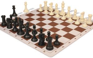 Professional Plastic Chess Set Black & Ivory Pieces with Lightweight Floppy Board - Brown