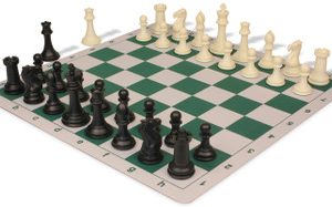 Professional Plastic Chess Set Black & Ivory Pieces with Lightweight Floppy Board - Green