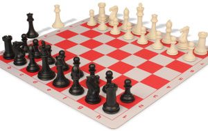 Professional Plastic Chess Set Black & Ivory Pieces with Lightweight Floppy Board - Red