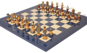 Silhouette Knight Brass & Wood Chess Set with Blue Ash Burl Chess Board