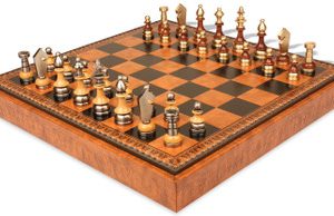 Silhouette Knight Brass & Wood Chess Set with Leatherette Chess Case