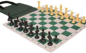 Standard Club Easy-Carry Plastic Chess Set Black & Camel Pieces with Lightweight Floppy Board - Green