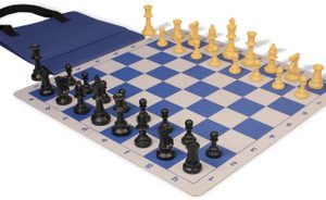 Standard Club Easy-Carry Plastic Chess Set Black & Camel Pieces with Lightweight Floppy Board - Royal Blue