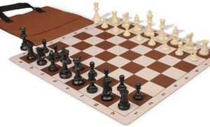 Standard Club Easy-Carry Plastic Chess Set Black & Ivory Pieces with Lightweight Floppy Board - Brown
