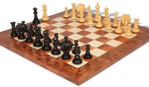 Strategos Staunton Chess Set in Ebony & Boxwood with Elm Burl & Erable Chess Board
