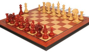 Strategos Staunton Chess Set in Padauk & Boxwood with Padauk & Bird's-Eye Maple Molded-Edge Chess Board