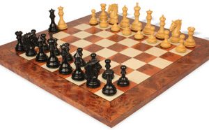Tencendur Staunton Chess Set Ebony & Boxwood Pieces with Elm Burl Board- 4.4 King