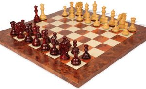 Tencendur Staunton Chess Set Padauk & Boxwood Pieces with Elm Burl Board - 4.4 King