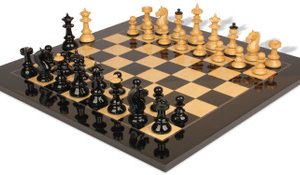 Vienna Coffee House Antique Reproduction Chess Set High Gloss Black & Boxwood Pieces with Black & Ash Burl Chess Board - 4 King