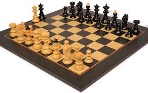 Vienna Coffee House Antique Reproduction Chess Set High Gloss Black & Boxwood Pieces with The Queen's Gambit Chess Board - 4 King