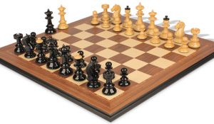 Vienna Coffee House Antique Reproduction Chess Set High Gloss Black & Boxwood Pieces with Walnut Molded Chess Board - 4 King