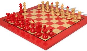 Vienna Coffee House Antique Reproduction Chess Set High Gloss Red & Boxwood Pieces with Red & Maple Chess Board - 4 King