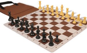 Weighted Standard Club Easy-Carry Plastic Chess Set Black & Camel Pieces with Lightweight Floppy Board - Brown