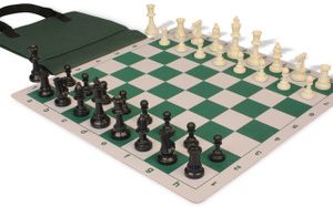 Weighted Standard Club Easy-Carry Plastic Chess Set Black & Ivory Pieces with Lightweight Floppy Board - Green