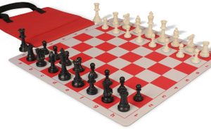 Weighted Standard Club Easy-Carry Plastic Chess Set Black & Ivory Pieces with Lightweight Floppy Board - Red