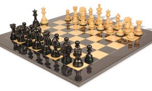 Wellington Staunton Chess Set Ebony & Boxwood Pieces with Black & Ash Burl Chess Board - 4.25 King