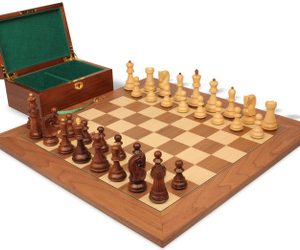 Zagreb Series Chess Set Golden Rosewood & Boxwood Pieces with Walnut & Maple Delux Board & Box - 3.875 King