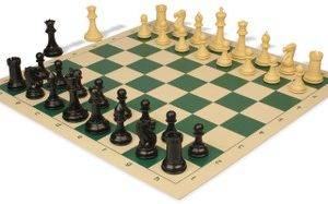 Conqueror Plastic Chess Set Black & Camel Pieces with Rollup Board - Green