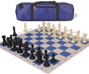 Executive Carry-All Plastic Chess Set Black & Ivory Pieces with Lightweight Floppy Board - Royal Blue
