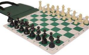 German Knight Easy-Carry Plastic Chess Set Black & Aged Ivory Pieces with Lightweight Floppy Board - Green