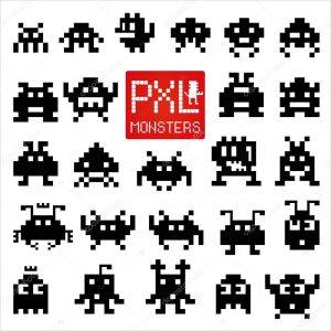 Set of cheerful and kind pixel monsters.