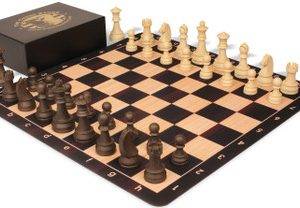 German Knight Plastic Chess Set Wood Grain Pieces with Macassar Floppy Board & Box