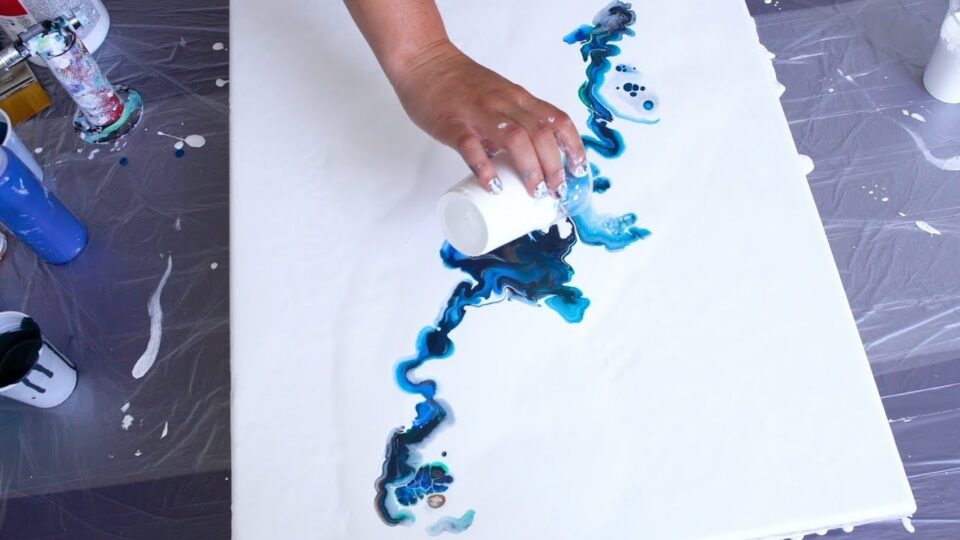 Acrylic pouring – Big canvas dutch pour with PAYNES GREY 💙 – Ocean fluid painting