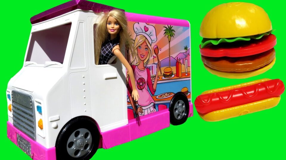 FOOD Truck ! ELSA & ANNA toddlers & Barbie – KETCHUP everywhere – Hotdogs Burgers Pizza Sandwich