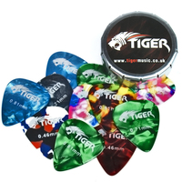 Tiger 12 Celluloid Guitar Picks & Pick Tin - Variety of Gauges