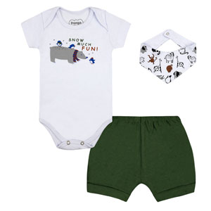Kit Bebê Masculino 3 Peças Body, Shorts e Babador Branco e Verde Urso Polar (P/M/G/GG) - Orango Kids - Tamanho M - Branco,Verde