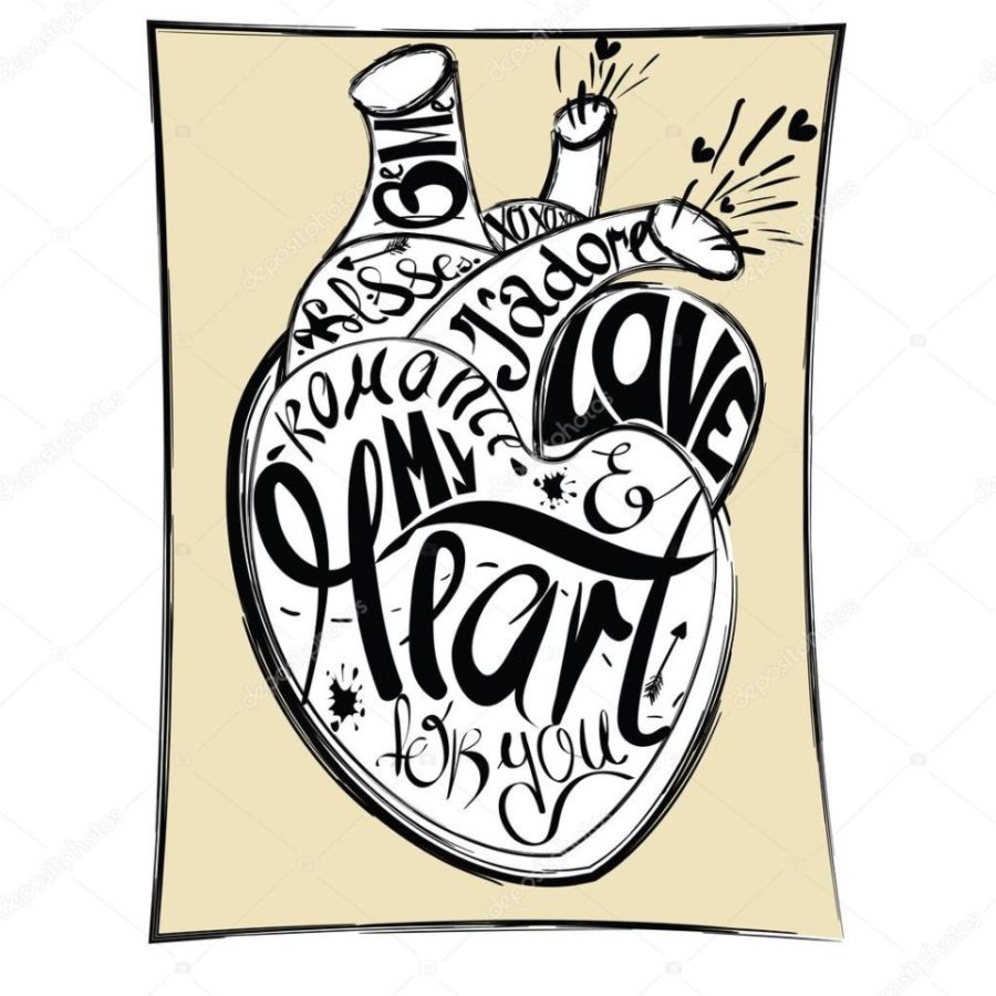 Cartoon drawing the human heart on yellow background, comics design and calligraphic text for design greeting card for Valentines day, My heart for you with love text.