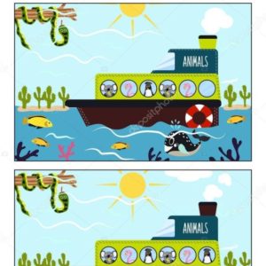 Cartoon of Education to find 10 differences in children's pictures, the boat floats with cute tropical animals Koala, pink flamingos and Antarctic penguin. Matching Game for Preschool Children. Vector