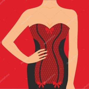 Figure of a woman in a red and black corset