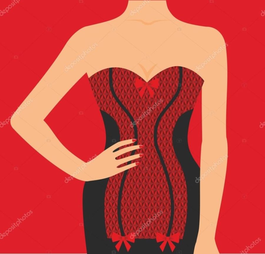 Figure of a woman in a red and black corset