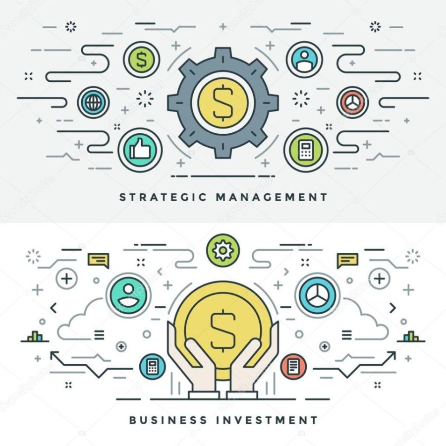 Flat line Investment and Business Strategy Concept Vector illustration. Modern thin linear stroke vector icons.
