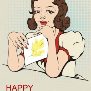 Woman reading letter. Retro greeting card on March 8. International womens day