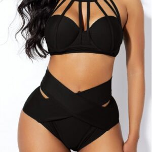 High Waist Cage Neck Cross Front Bikini Set