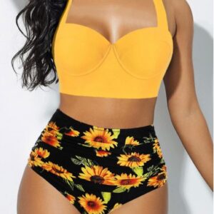 High Waist Cutout Back Halter Sunflower Print Bikini Set