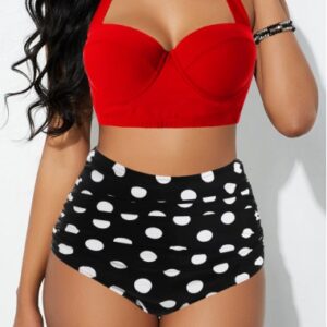 High Waist Polka Dot Print Halter Neck Bikini Set