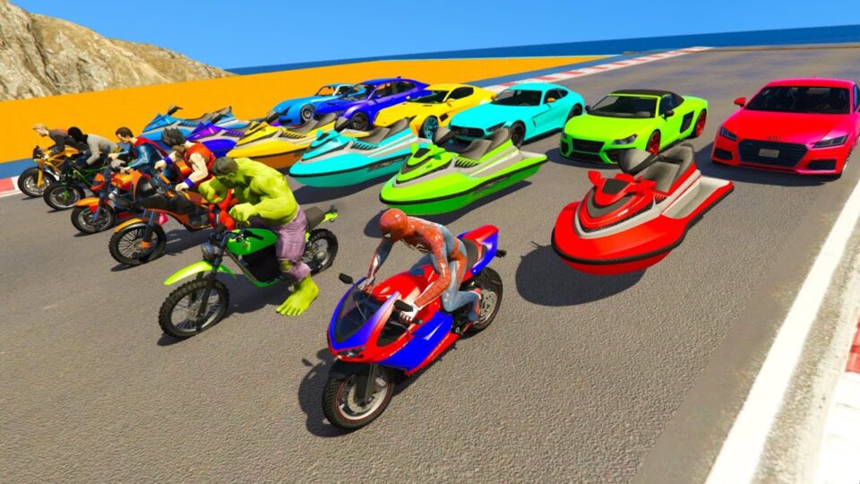 GTA V Awesome Double Mega Ramps by Sport Cars, Jet Skis & Motorcycles with Spiderman & Superherors