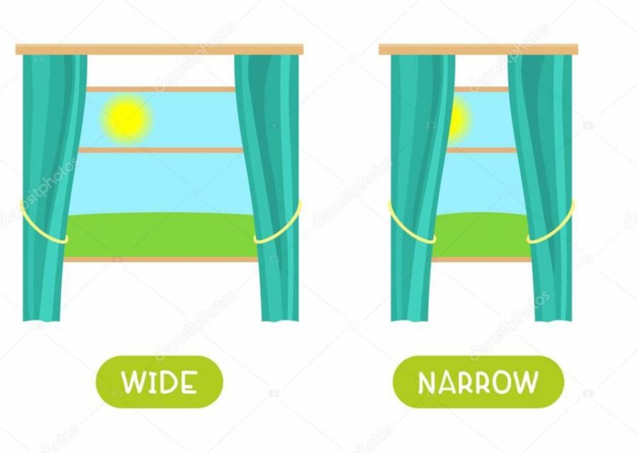 Antonyms concept, WIDE and NARROW. Educational flash card with curtained windows of different widths template. Word card for english language learning with opposites. Flat vector illustration with typograph