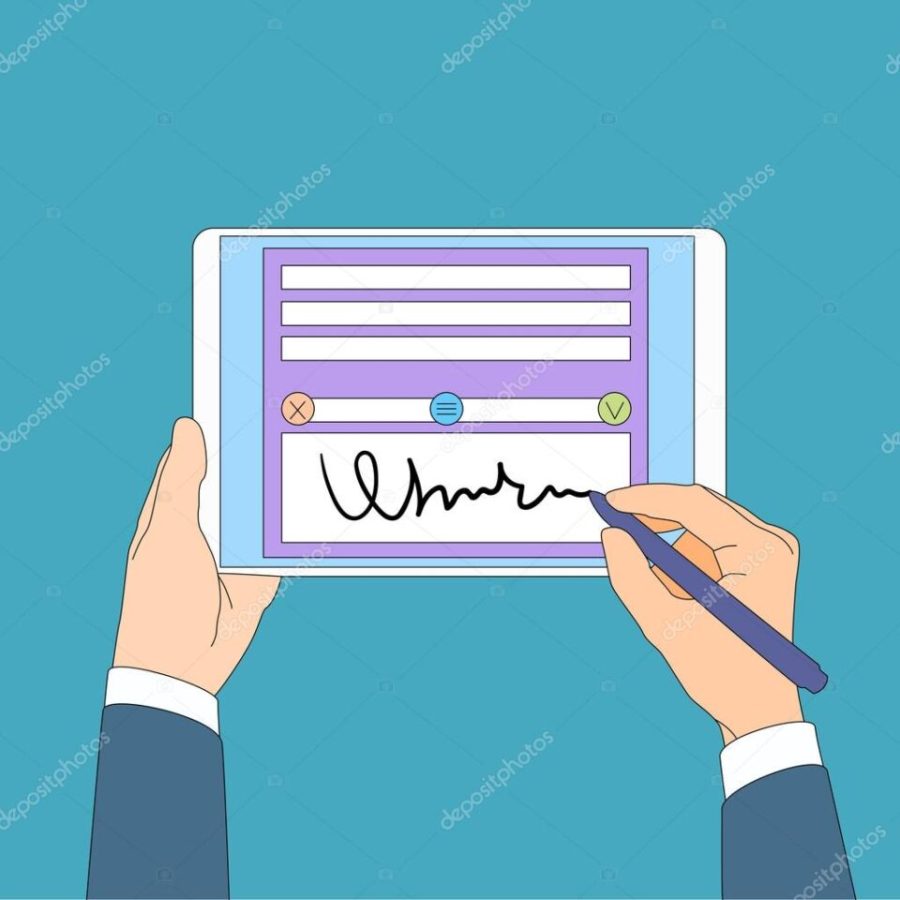 Digital Signature Tablet Computer Businessman Hands Sign Up