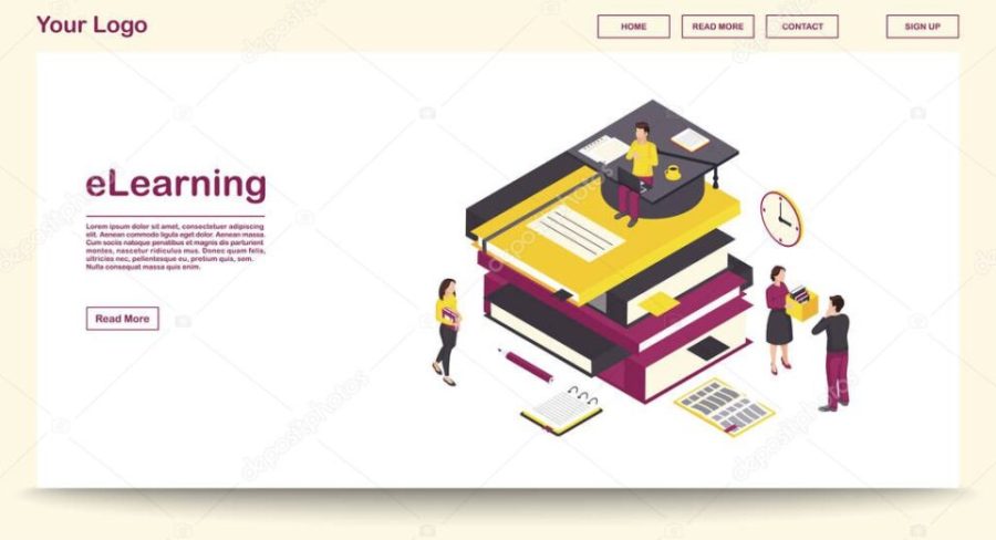 E learning webpage vector template with isometric illustration